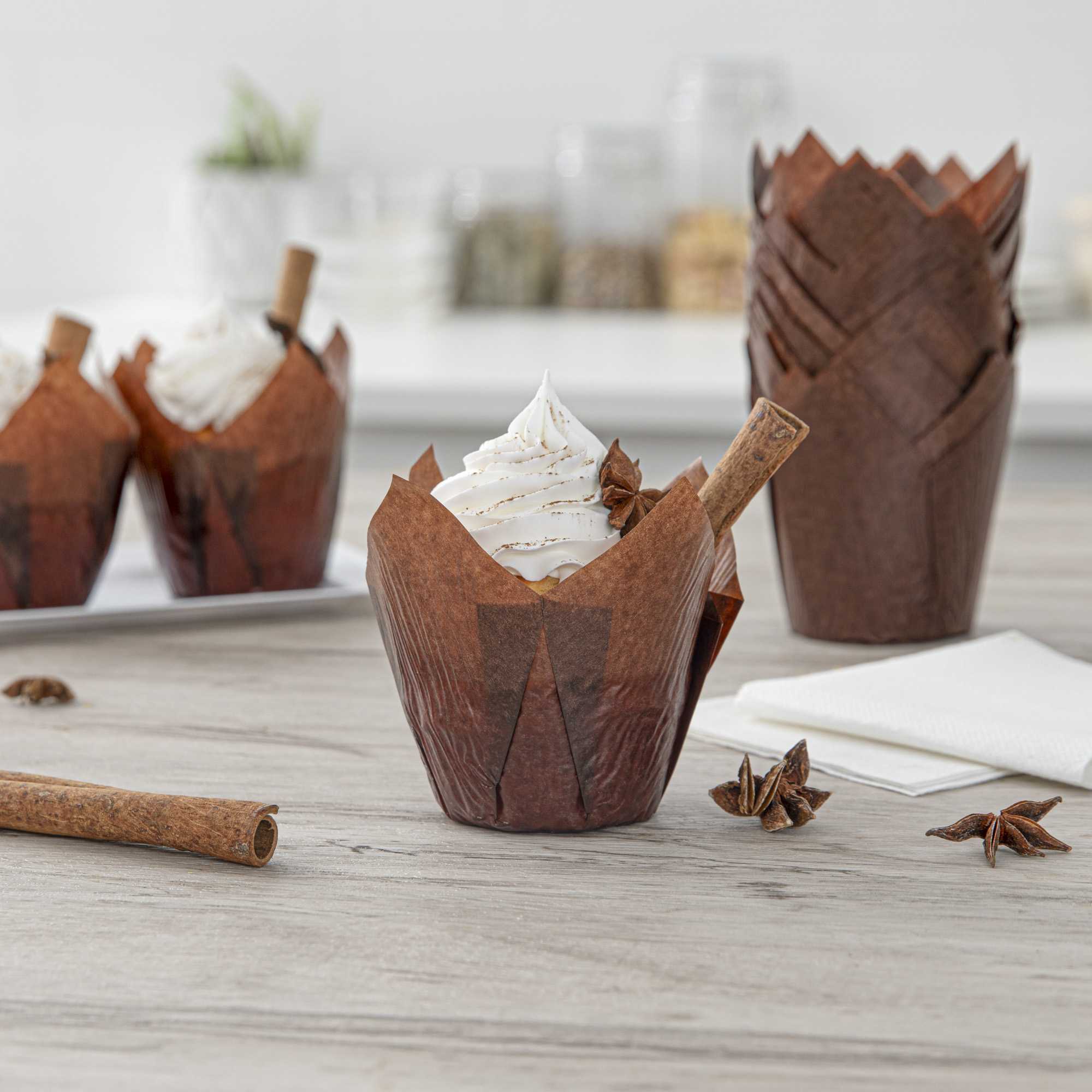 Panificio 4 oz Brown Paper Tulip Baking Cup - Greaseproof - 3 1/2" x 3 1/2" x 3 1/2" - 200 count box