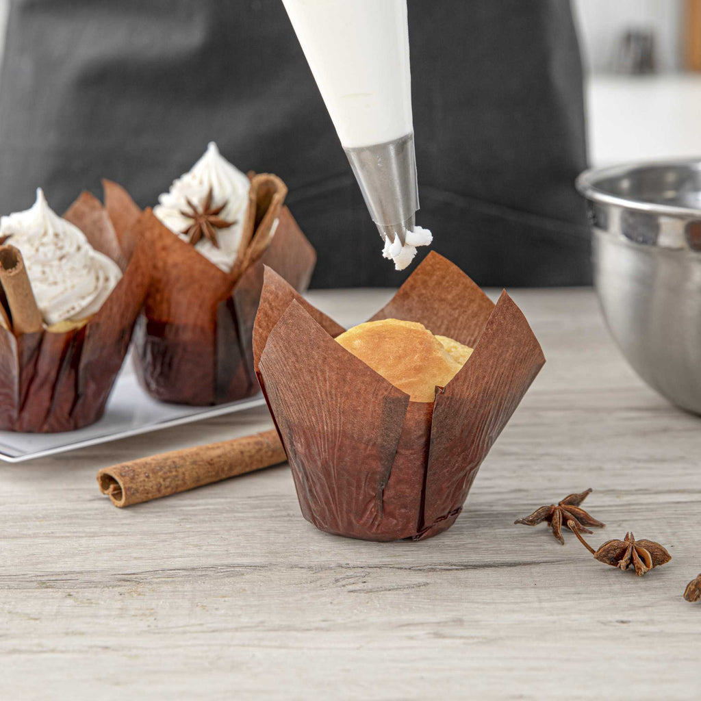 Panificio 4 oz Brown Paper Tulip Baking Cup - Greaseproof - 3 1/2" x 3 1/2" x 3 1/2" - 200 count box