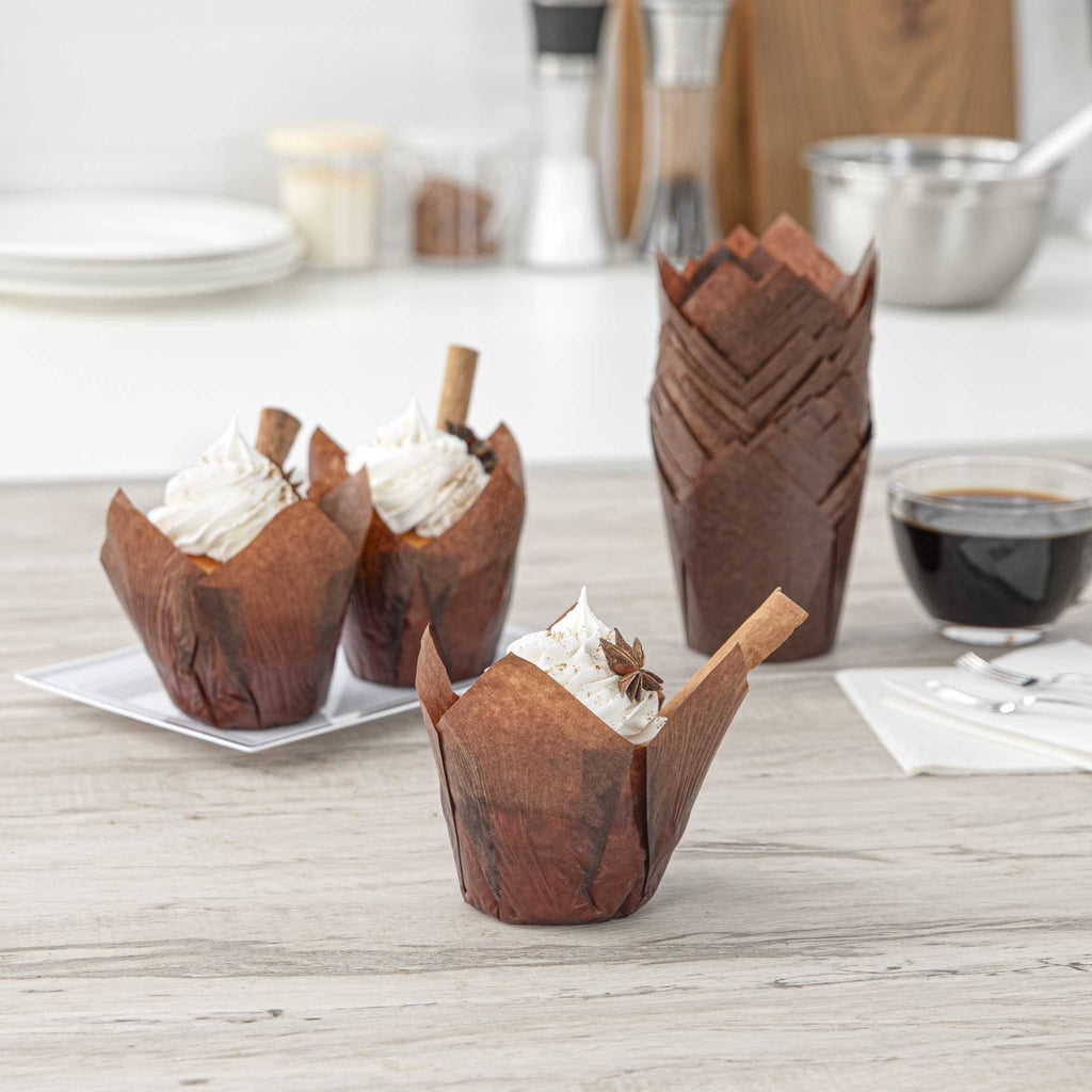 Panificio 4 oz Brown Paper Tulip Baking Cup - Greaseproof - 3 1/2" x 3 1/2" x 3 1/2" - 200 count box