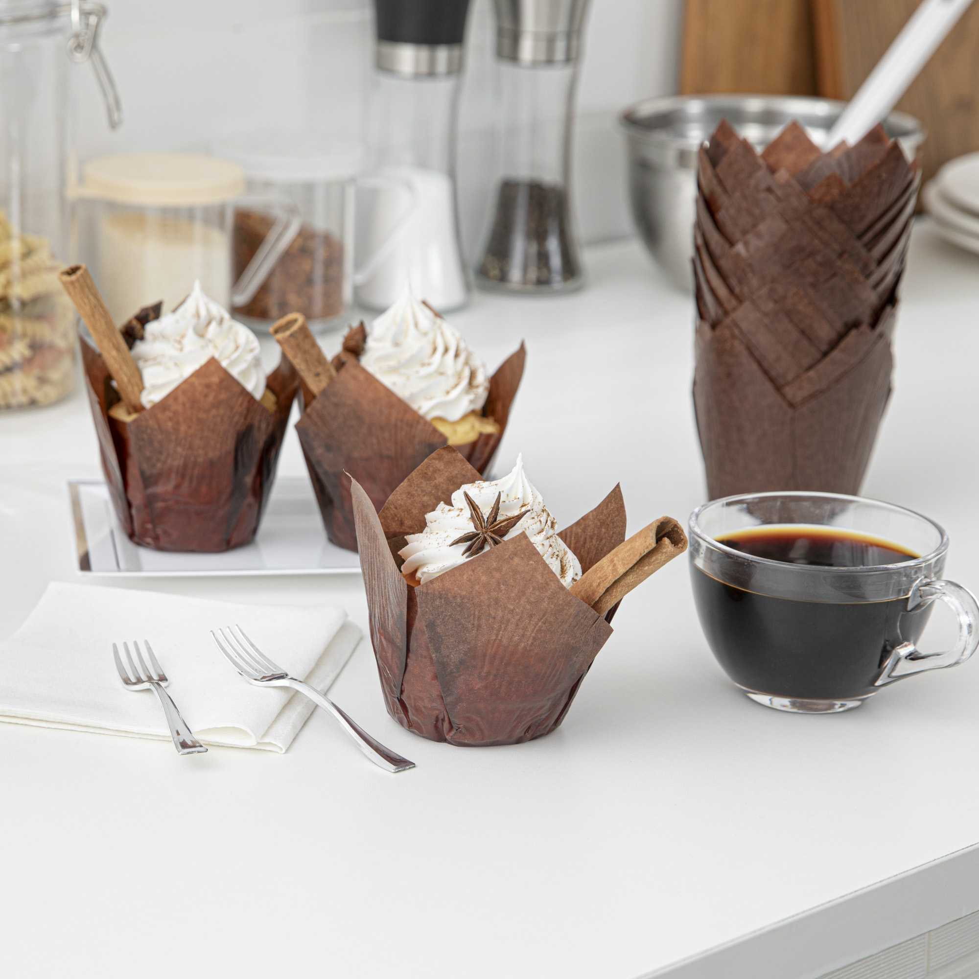 Panificio 4 oz Brown Paper Tulip Baking Cup - Greaseproof - 3 1/2" x 3 1/2" x 3 1/2" - 200 count box