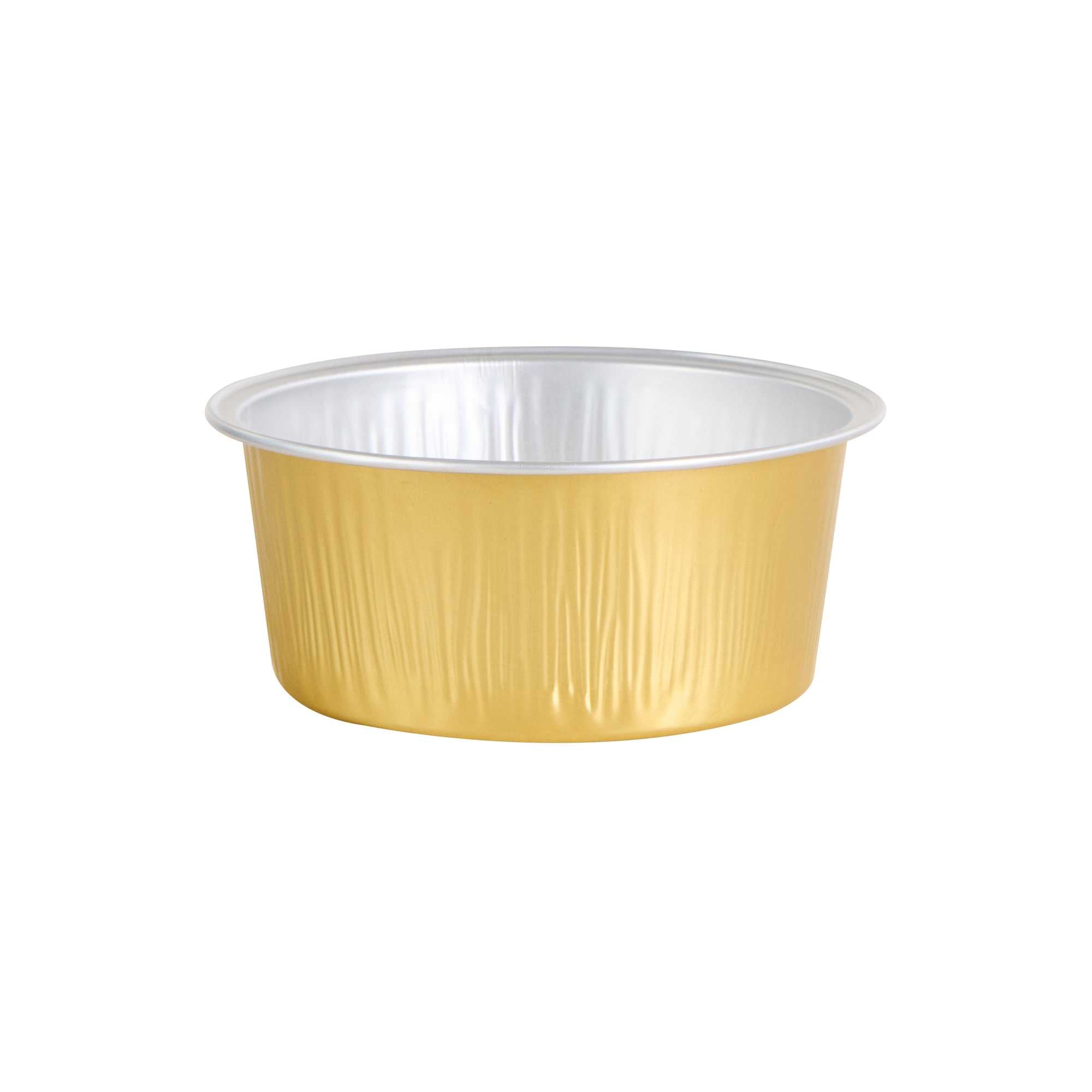 Pastry Tek 4 oz Round Gold Aluminum Baking Cup - with Plastic Dome Lid - 3 1/4" x 3 1/4" x 1 1/2" - 100 count box