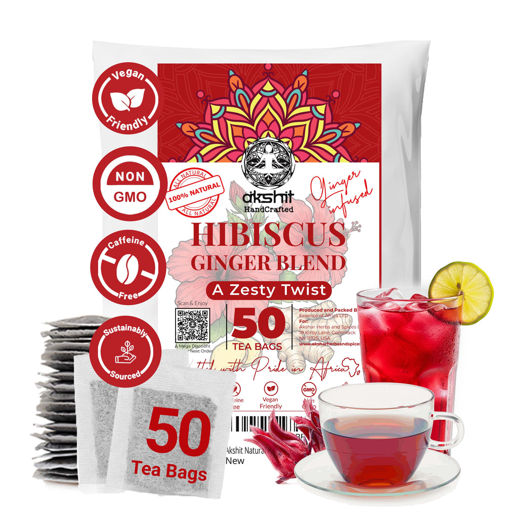 Akshit 50 Hibiscus Ginger Tea Bags – Natural Hibiscus Tea Blend with Hibiscus Flowers & Ginger Root, Stress Relieving & Energy Tea